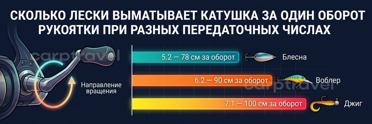 Сколько шнура выбирает катушка за оборот ручки при разном передаточном числе