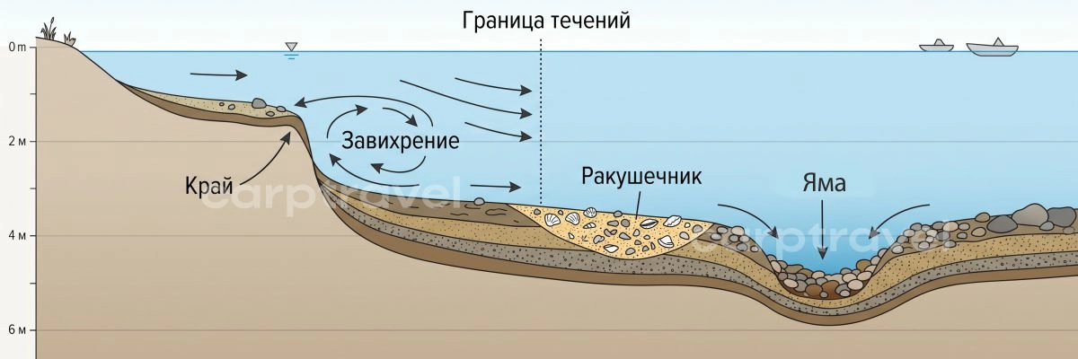 Дистанции ловли летом: ближняя зона у травы, средняя бровка, дальний стол и русловая часть