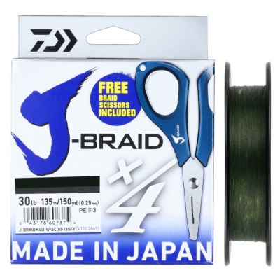 Плетеный шнур+ножницы Daiwa J-Braid X4 Dark Green  135м 8,4кг/0,17мм (Тёмно-зеленый ) 